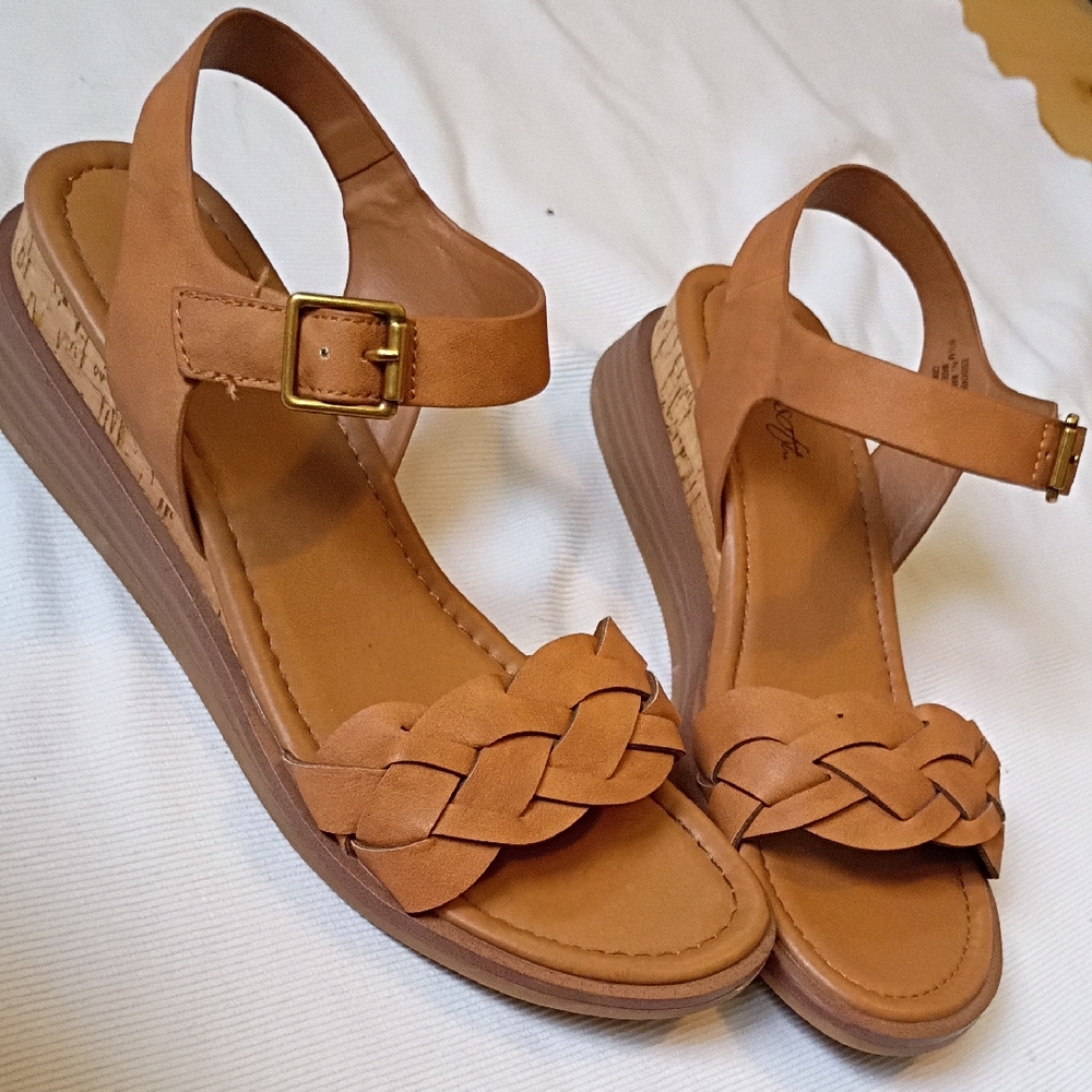 Women's Tan Braided Ankle-Strap Wedge Sandals